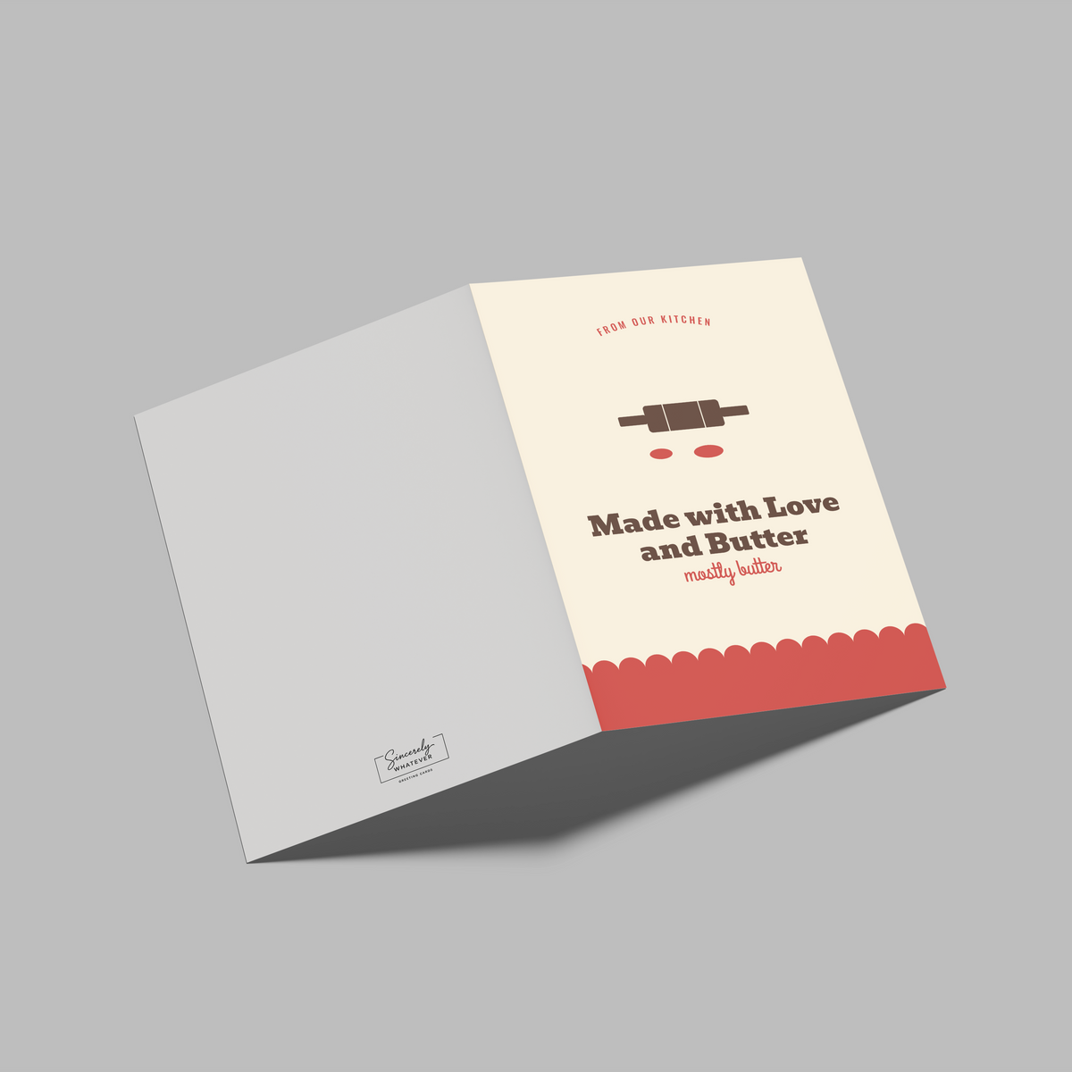 A folded greeting card or booklet shown open on a plain gray background. The right panel is cream with a rolling pin illustration, the text 'Made with Love and Butter' and 'Sally Allen,' plus a coral scalloped band near the bottom.