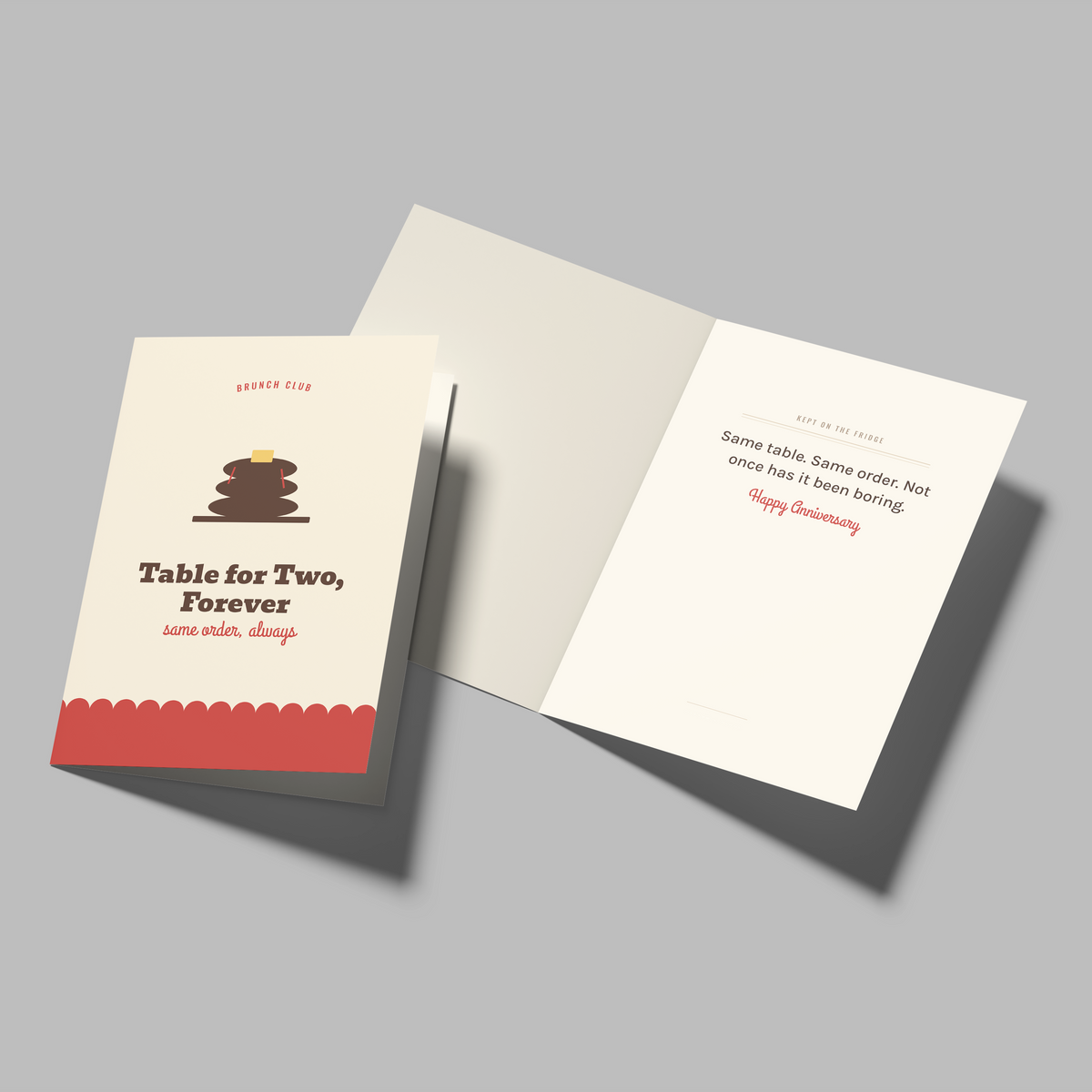 A square greeting card set shown on a light gray background, with one closed card displaying a stacked dessert illustration and the text 'Table for Two, Forever' and 'Happy Valentine's Day,' and one open card showing a romantic message printed inside.