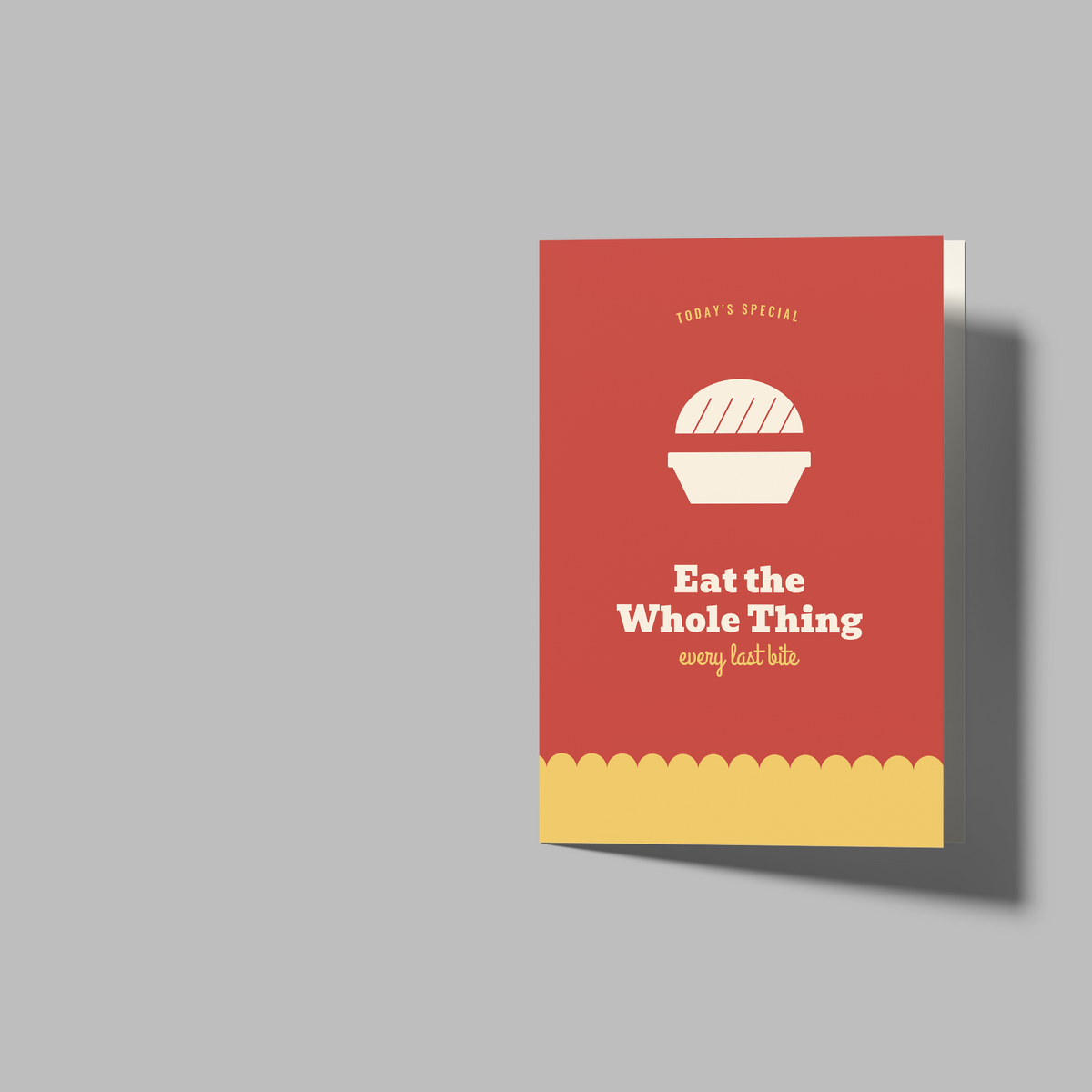 A set of three flat mockup templates on a solid gray background: one folded brochure with a red and yellow food graphic, and two blank white folded sheets.