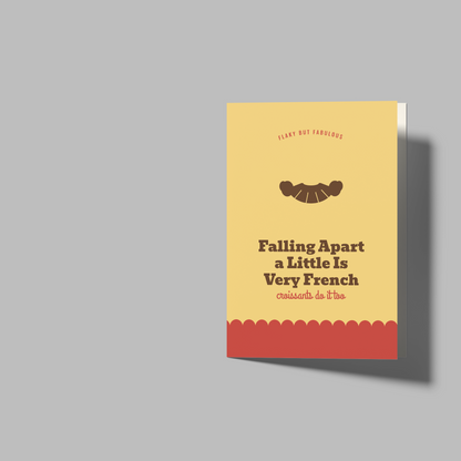 A book cover mockup on a light gray background, showing a closed book with a yellow-to-red gradient cover and the title 'Falling Apart a Little Is Very French' alongside two open blank white book spreads.